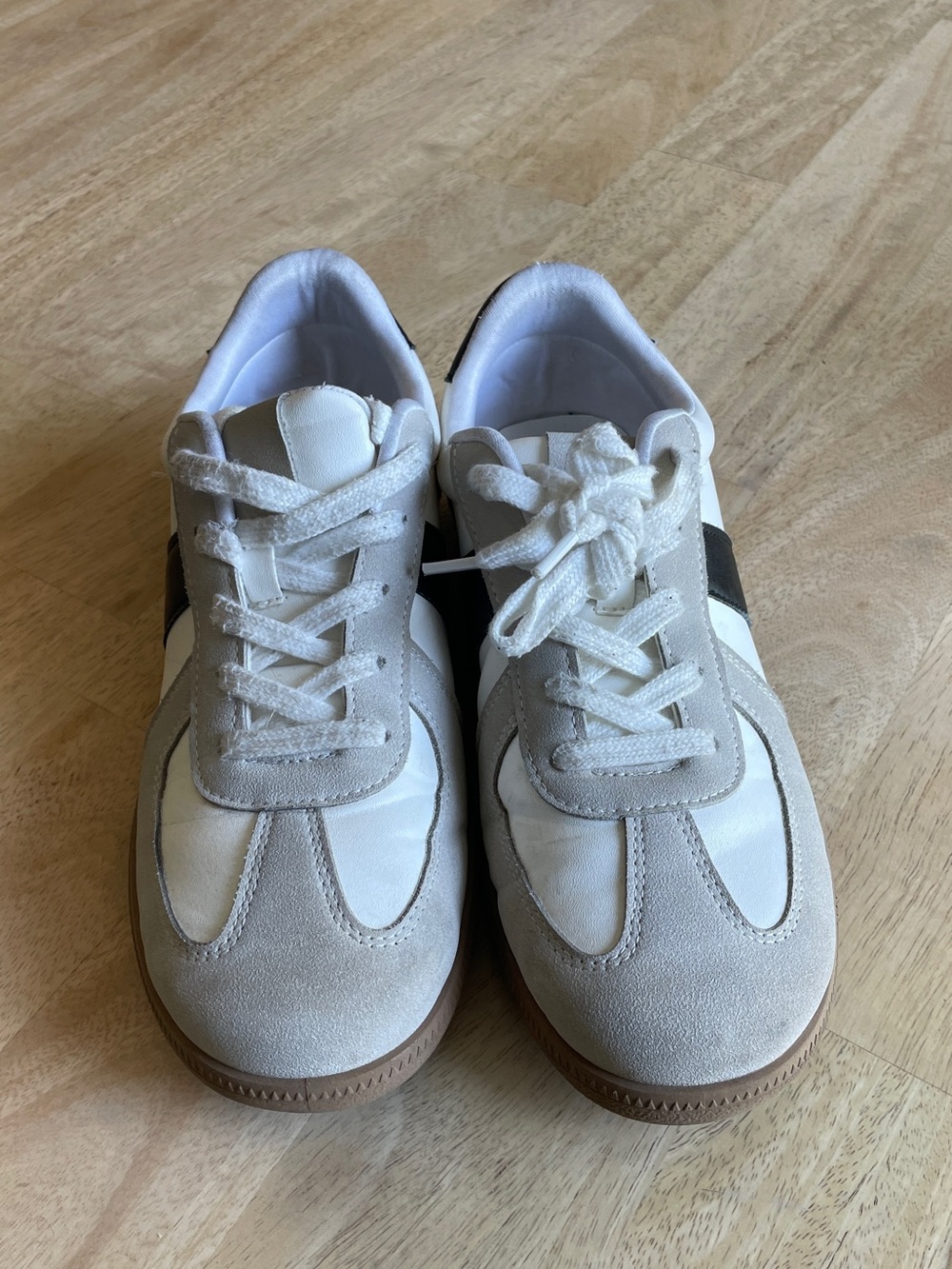 White and Gray Suede Accent Sneakers with Black Stripe